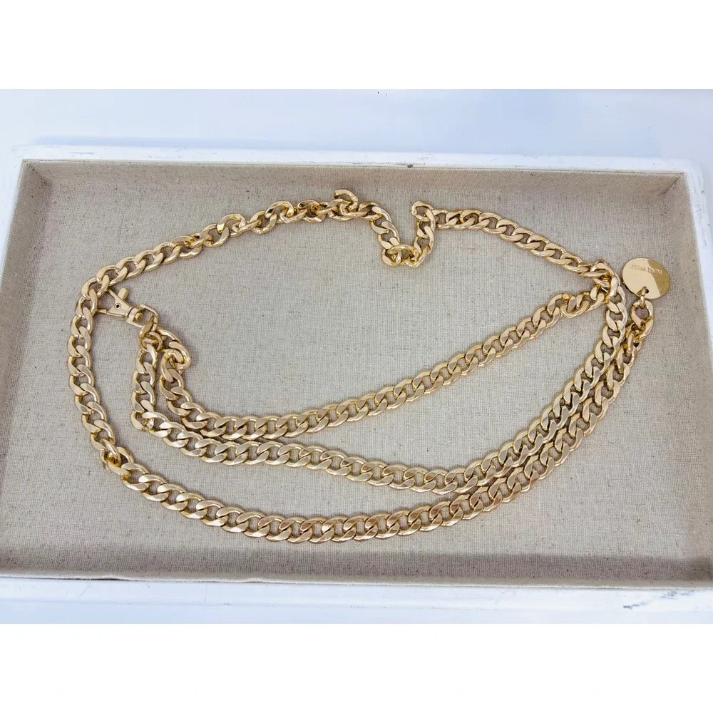 Nine West Gold Tone Multi Strand Curb Chain Link Adjustable Belt with Logo Charm